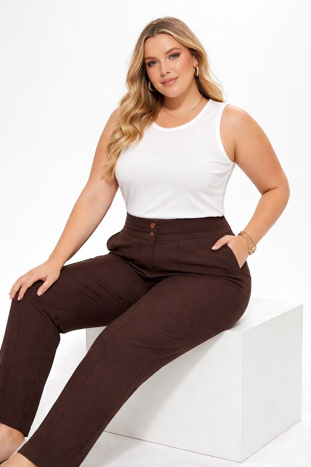 Calça Alfaiataria Plus Size Cós Alto com Elastano